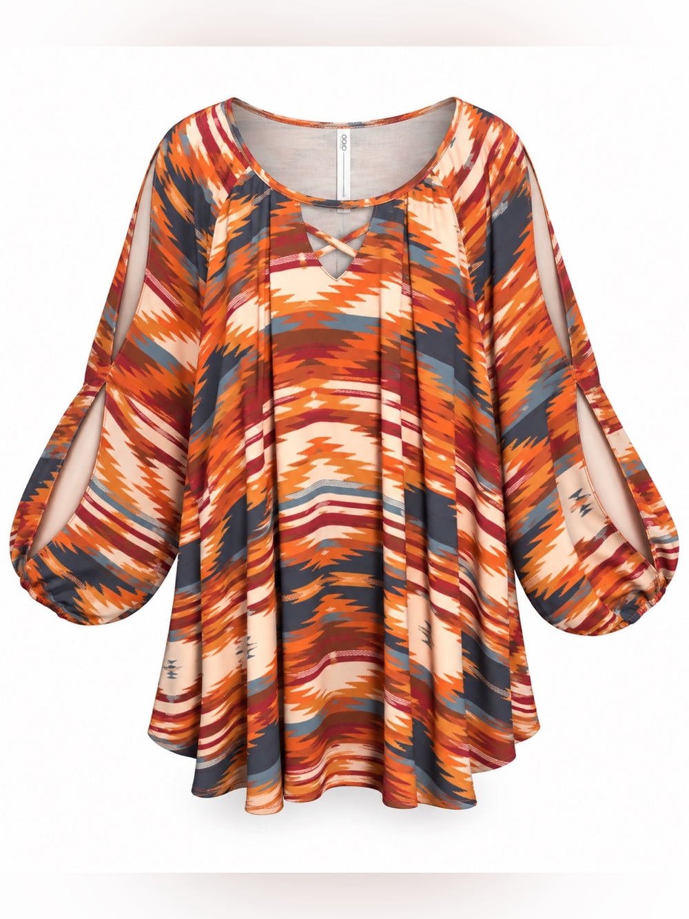 Cato Orange Multi Aztec Split-Sleeve Tunic